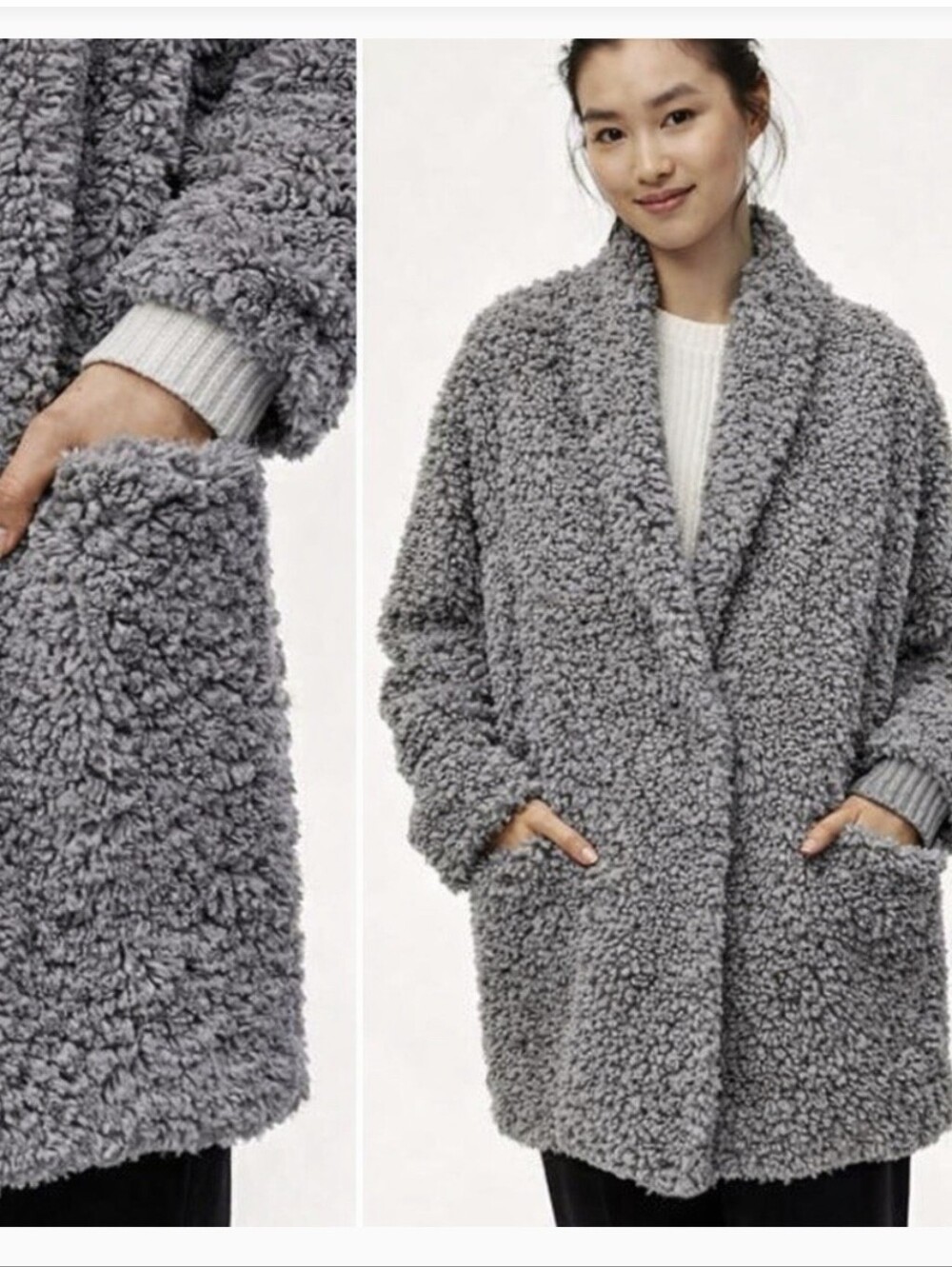 Wilfred Free Aritzia Gray Teddy Sherpa Coat – Size S – Cozy Fuzzy Mid-Length